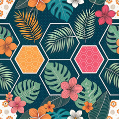 "Seamless Tropical Botanical Pattern with Hexagonal Tiles and Exotic Leaves in Vibrant Colors"

