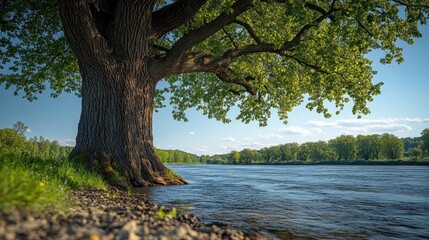 Fototapeta premium Majestic oak tree by a tranquil river under a bright sky.