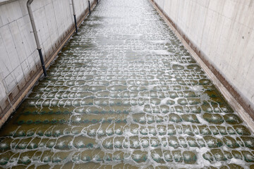 Biological treatment process in aeration basin closeup. Specialized equipment serves for breakdown...
