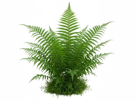 Green Fern Plant on White: Vibrant botanical photo of a single, lush fern with detailed fronds, isolated on a clean white background for design and nature concepts.