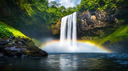 Fototapeta premium Serene Waterfall Cascading Into Vibrant Pool Under Bright Rainbow