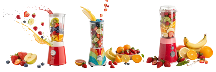 Set of a blender standing with fruit splashin isolated on a transparent background 