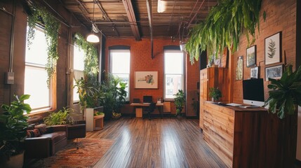 Modern industrial loft space filled with plants