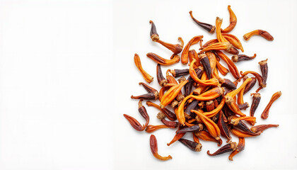 Dried chili peppers piled on a clean white background  