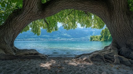 Fototapeta premium Majestic tree framing tranquil lake and mountain view.
