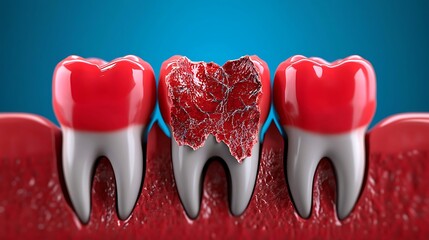 Decayed tooth A damaged molar, red gums, centered against a blue backdrop