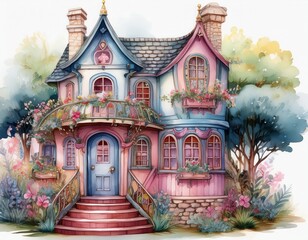 Obraz premium whimsical watercolor dollhouse with charming pastel facade and fairytale details