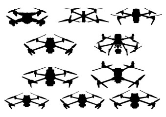 Fpv drone vector silhouette. Quadrocopter air drones icon set for graphycs.