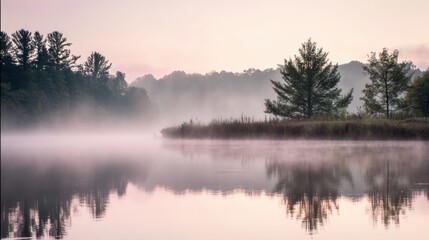 Fototapeta premium Misty lake at dawn with calm waters and rising fog in soft colors creating a serene atmosphere