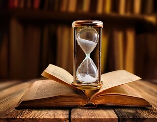 hourglass with an old book time is passing storytelling banner or background with copy space