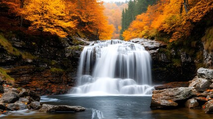 Captivating Waterfall Surrounded by Vibrant Autumn Foliage