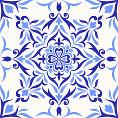 Mediterranean mosaic tile, blue seamless pattern. Spanish, Portuguese, Moroccan, Mexican traditional ornament. Floral design with ethnic motifs for ceramic. Vector illustration