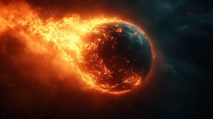 Obraz premium Fiery planet engulfed in flames and cosmic dust, burning in space.