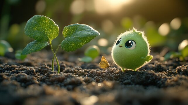 Cute fluffy green creature looking at a sprouting plant and butterfly in a garden.