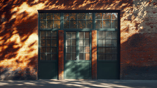 Industrial style facade with glass double doors and brick wall, showcasing natural light