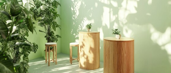 Light-filled room with wooden furniture and plants.