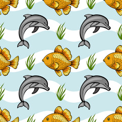 Naklejka premium A playful pattern featuring colorful goldfish and dolphins swimming among green seaweed on a light blue background with wavy lines.