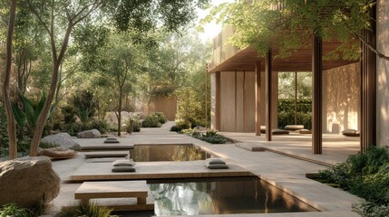 Tranquil oasis with zen-like landscaping.  Tranquil outdoor living spaces featuring pools, seating areas, and lush vegetation