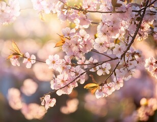 Obraz premium spring cherry blossoms against soft bokeh background in sunlit garden