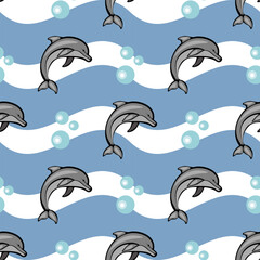 A playful pattern featuring dolphins swimming against a blue background, with white waves and bubbles. The design is cheerful and suitable for children's decor or aquatic-themed projects.