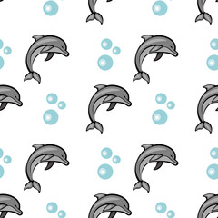 A playful pattern featuring cartoon dolphins and bubbles on a white background. The dolphins are gray with a simple, cheerful design, while the bubbles are light blue.