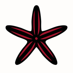 A stylized illustration of a starfish with five elongated arms, featuring a dark red color with black outlines. The design is simple and modern, suitable for various artistic applications.