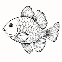 A detailed line drawing of a fish with prominent scales and fins, showcasing its side profile. The fish has a round body and a small mouth, emphasizing its features in a minimalist style.