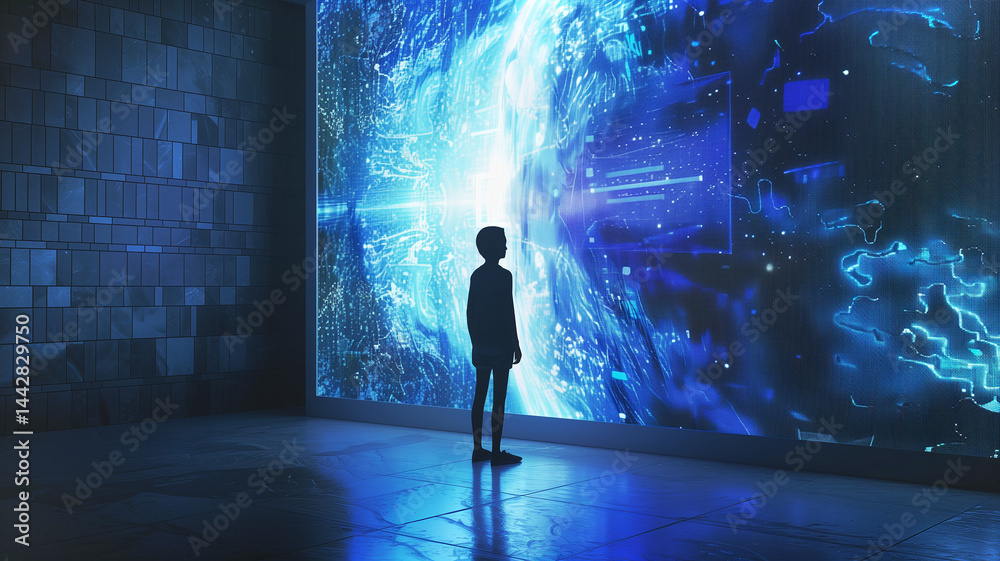 Poster this figure gazes in awe at a vast digital display, pondering the future of exploration.