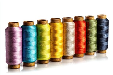 Collection of vibrant sewing threads displayed on a white background for creative projects and crafts