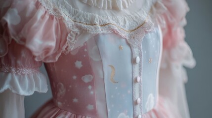 Delicate, pastel pink lolita dress with lace and celestial print