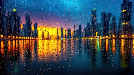 Obraz premium Raindrop on a window merging city atmosphere and rain pattern concept. City skyline at sunset, viewed through rain-soaked glass.