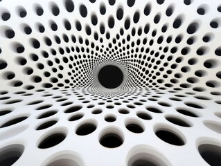 White and black image of a spiral with many small circles