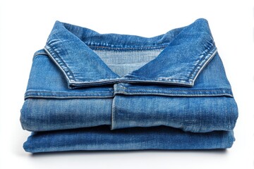 Neatly folded blue denim jacket on a white background suitable for various styling and fashion needs