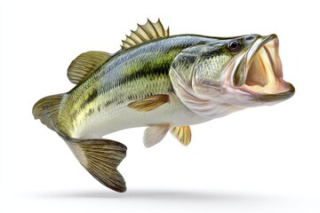 Bigmouth bass fish leaps out of water in a hyper-realistic display isolated on a white background