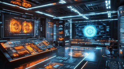 A high-tech energy control room with futuristic holographic displays and glowing power grids.