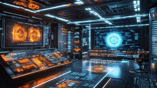 A high-tech energy control room with futuristic holographic displays and glowing power grids.
