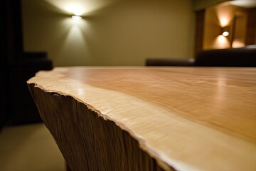 Wooden table edge in a home theater  Close-up view of a  light-colored wood slab table top,  featuring a natural,  rough-hewn edge  Part of a modern  home entertainment space