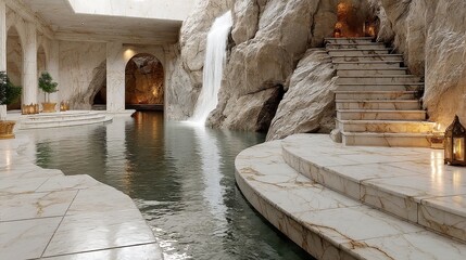 Grand Staircase Entrance to the Arcane Academy, adorned with floating lanterns, cascading waterfalls, and elegant marble steps creating a magical atmosphere.