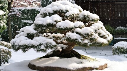 Snowy bonsai tree in a winter garden (1)