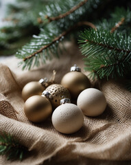 Handmade Clay Ornaments on Burlap with Pine Sprigs and Neutral Background