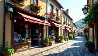 Quaint shops with traditional signage in a charming historic area, antique, travel, storefront art
