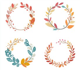 Autumnal floral wreaths, four decorative circular designs with fall foliage