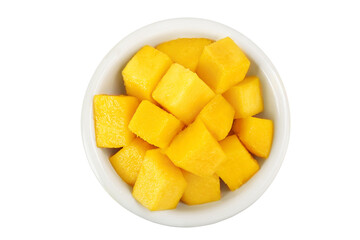 mango diced in ceramic bowl isolated on white background. Top view. Flat lay