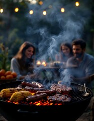 Smoky Grill: A mouthwatering barbecue scene unfolds as a family enjoys a summer evening, with steaks and corn cooking on a charcoal grill with smoke rising.