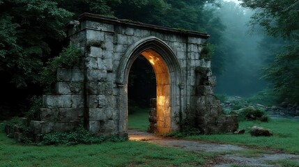 Fototapeta premium Twilight Portal to Enchantment, ancient stone arch illuminated by ethereal runes, surrounded by a mystical mist in a serene forest clearing filled with magic and wonder