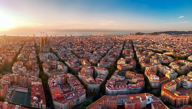 aerial view of barcelona eixample residential district and sagrada familia spain late afternoon light