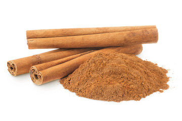 Cinnamon sticks and powder isolated on white background with full depth of field