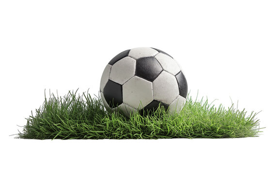 soccer ball in goal with green backgroung
