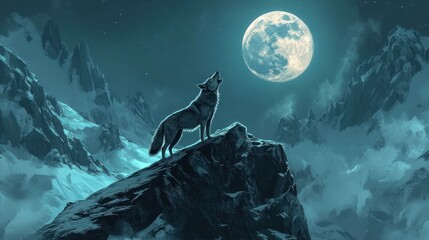 Majestic wolf howling at the moon,  on a snowy mountain peak at night