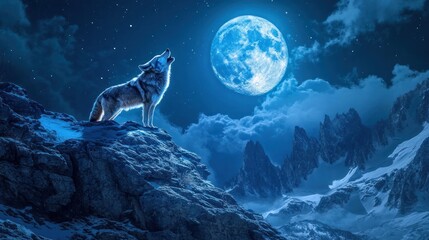 Majestic wolf howling at a full moon, perched atop a mountain peak under a starlit night sky